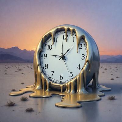 The primary subject of the image is a large, gold, and glistening clock. The clock is placed in a desert-like setting, with mountains visible in the background. The visual style of the image is a combination of photo and digital art, creating a unique and intriguing scene. The colors and mood of the image are predominantly gold and warm, giving the impression of a luxurious and timeless setting.